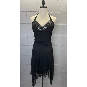 Vintage 90s Black Mesh Halter Dress Handkerchief Hem Sequined LG City Triangles